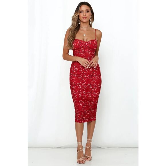 HELLO MOLLY Women’s Red Floral Ruched Bodycon Midi Dress “How Low Can You Go” Si - Picture 1 of 7